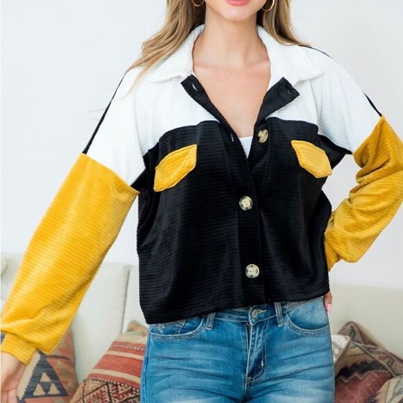NEW ITEM !! COLOR BLOCK BUTTON DOWN VELVET TOP- BLACK-IVORY-MUSTARD! SO CUTE - Picture 4 of 6